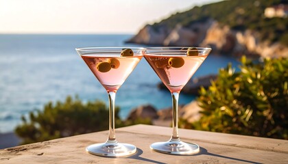 Two pink cocktails with olives, overlooking a calm sea and rocky coast at sunset
