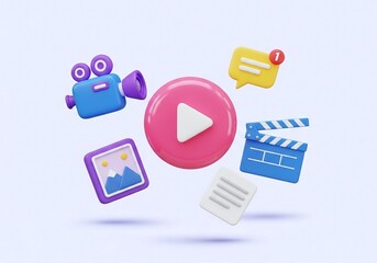 A vibrant 3d rendering featuring video camera, play button, message notification, clapperboard, document, and image, creating a dynamic multimedia content concept