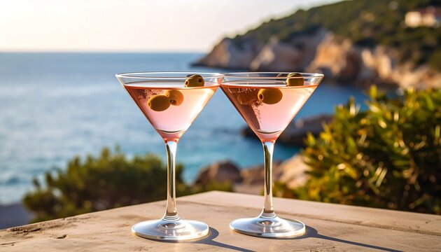 Two pink cocktails with olives, overlooking a calm sea and rocky coast at sunset - Powered by Adobe