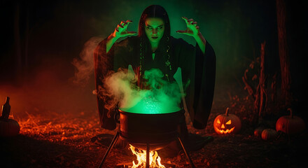Witch casting a spell over a steaming cauldron on halloween