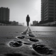 In a minimalist urban landscape at twilight, a lone figure walks on a deserted path leaving distinct footprints in the sand, symbolizing solitude and isolation