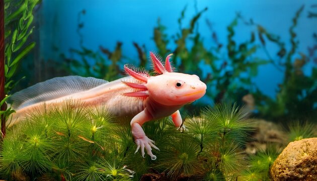 an axolotl swimming among aquatic plants in a vibrant underwater scene