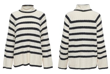 Woman in striped sweater front and back isolated on white background