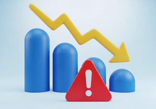 A 3d illustration showing a downward arrow and a warning sign, indicating risk and potential business failure isolated on white background