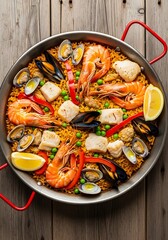 Authentic spanish seafood paella presentation showcasing culinary excellence and rustic charm