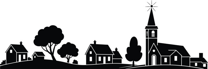 Silhouette of a Peaceful Village with Church and Trees