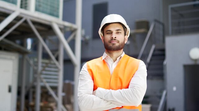Portrait of serious professional engineer wearing safety helmet and vest standing at factory with crossed arms. Headshot of confident industry manager inspector in uniform posing looking at camera