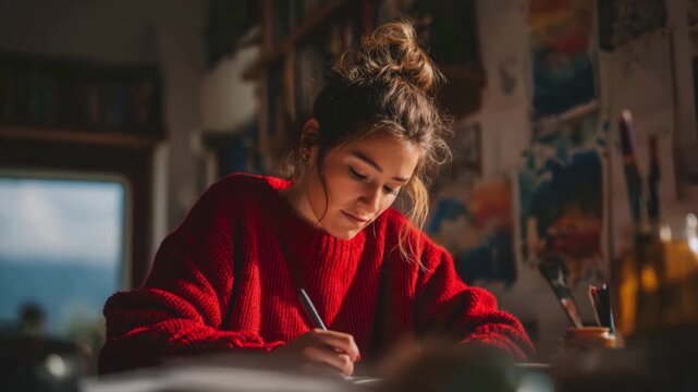 Focused young woman artist in red sweater drawing at desk in creative cozy studio