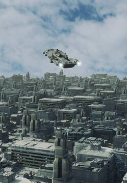 Outer Space Gunship Taking Off from a Future City Spaceport, 3d digitally rendered science fiction illustration