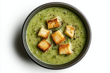 Flat lay of creamy gourmet, healthy broccoli soup with croutons in a bowl, white isolated background.