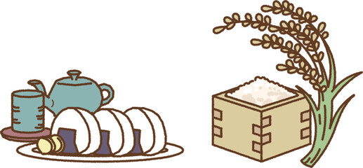オニギリのイラストと枡に入った新米のイラスト