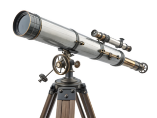 Vintage refracting telescope on a wooden tripod against a black background