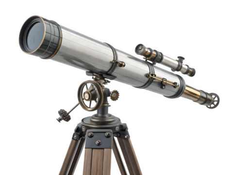 Vintage refracting telescope on a wooden tripod against a black background