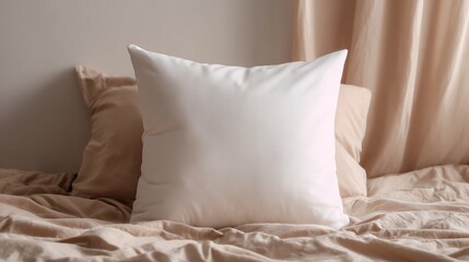 Soft white pillow rests on a neatly made bed with beige linens in a calm and inviting bedroom setting