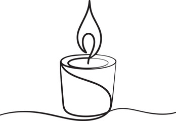 One line drawing of a candle with flame blending into a swirl, minimalist continuous single line art in black on white


