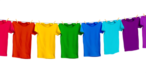 Colorful tshirts hanging on clothesline isolated on a transparent background laundry