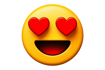 Yellow smiley face with red heart eyes isolated on transparent background