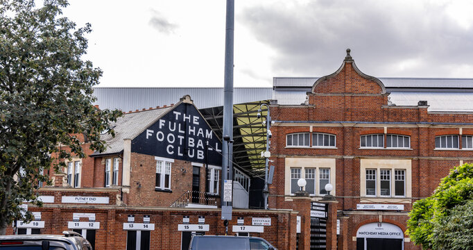 LONDON, UK - AUGUST 5, 2025 - Craven Cottage, home of Fulham Football Club, showing Putney End stand and Matchday Media Office, located in London, United Kingdom