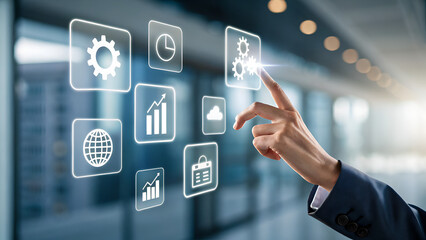 Finger interacting with floating transparent interface icons, modern business technology concept, crystal-clear