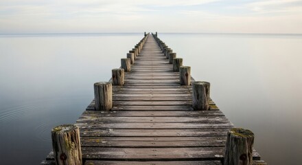 Fototapeta premium Serene Wooden Pier Extending into a Misty Lake A Path to Tranquility
