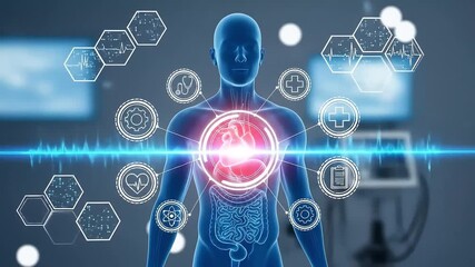 body hologram with futuristic medical technology digital healthcare technology system network connection hologram screen interface online medical examination report surgical operation medical video - Powered by Adobe