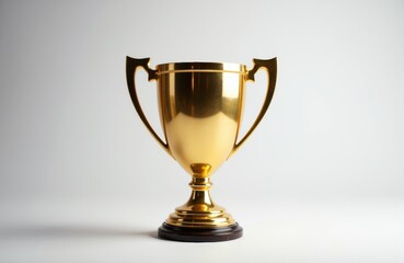 Golden trophy with handles on a plain white background representing achievement and success