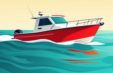 A red and white motorboat speeds across the ocean with waves splashing around it