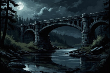 Abandoned stone bridge over a black, still river, surrounded by shadowed forest, faint moonlight breaking through thick clouds, illustrated in a painterly dark fantasy style with limited