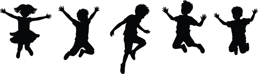 Silhouettes of children jumping with joy, playful kids in motion, energetic fun, happy childhood, black vector illustration, active kids