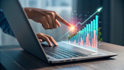 Finger interacting with floating transparent interface icons, modern business technology concept, crystal-clear