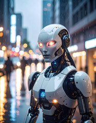Futuristic robot in city rain