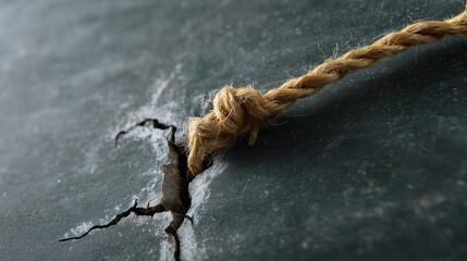 Close-Up of Frayed Rope Tied to a Cracked Surface Highlighting Tension Between Nature and Man-Made Materials in a Captivating Visual
