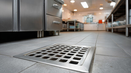 Kitchen Floor Drain in Professional Culinary Environment with Modern Design and Stainless Steel Grate and Clean Tiles, Suitable for Food Service and Hygiene