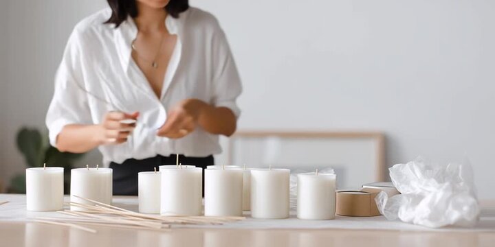 Woman making white candles by hand on worktable