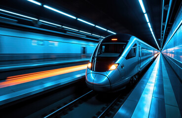 Fototapeta premium High-speed train moving through a modern underground tunnel with bright blue lighting