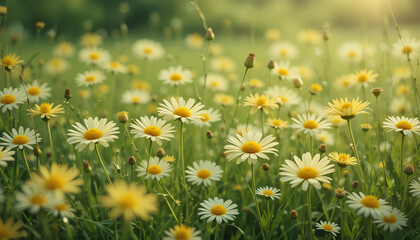 Yellow daisies in a green meadow with light breeze