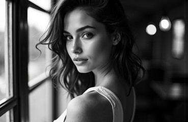 Woman with wavy hair looking at camera in indoor setting