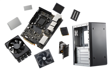 Computer hardware components flying isolated on a transparent background computer parts