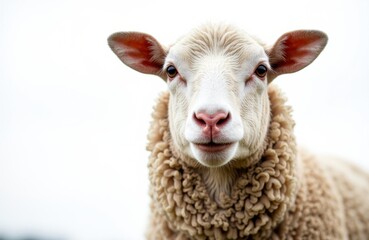 Fototapeta premium A close-up of a young sheep with a fluffy wool coat and alert ears facing forward