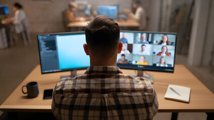 Man in Plaid Shirt on Video Conference Call in Modern Office at Night