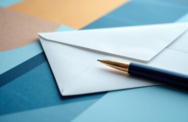 A white envelope with a pen resting on top is placed on colorful paper backgrounds