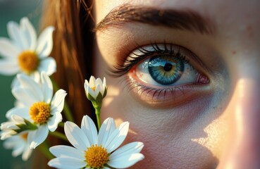 A close-up of a woman's eye with blue iris surrounded by white daisies in natural sunlight