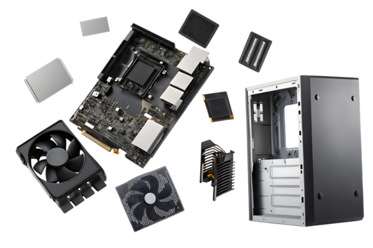 Computer hardware components flying isolated on a transparent background computer parts