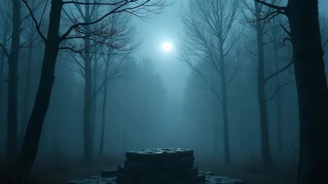 Mysterious stone structure, cool tones, representing a place of mystery against a foggy forest backdrop