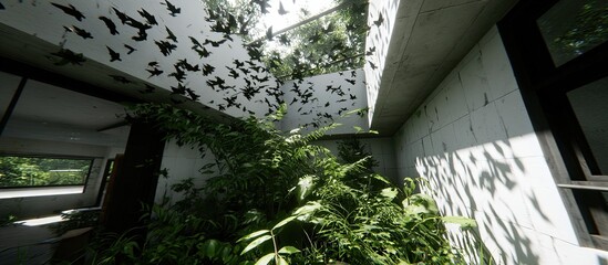 Overgrown, concrete interior with a dense swarm of dark figures flying amidst lush greenery