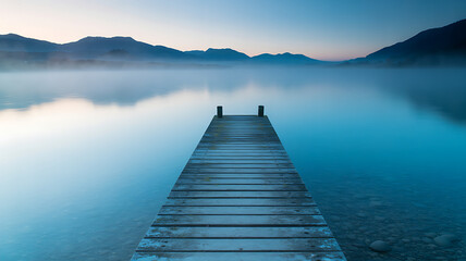 Obraz premium A serene lake with turquoise-blue water, a wooden pier in fog, clear shallow water, stones beneath, and distant mountains fade into the misty background.