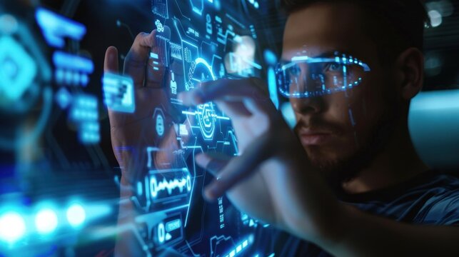 Young man using futuristic interface