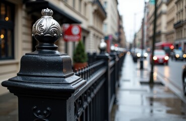 Obraz premium Ornate metal fence post along a city street with blurred urban background