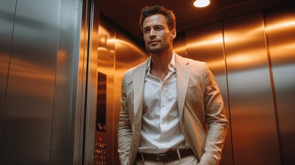 Confident businessman exiting a modern elevator, representing corporate success and urban lifestyle