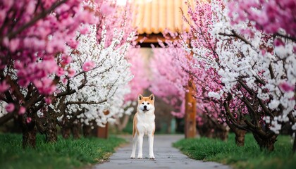 Dog among blooming cherry trees